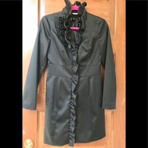 WHBM Black Satin Rosette and Ruffle Dress Coat
